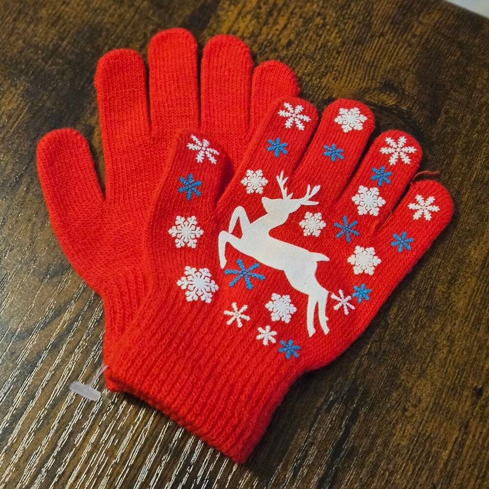 Boutique Bright Red Kids Winter Gloves w/ White Reindeer & Snowflake Design